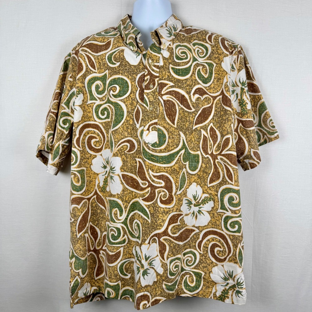 Reyn Spooner Mens XXL Hawaiian Traditionals Pullover Shirt Hibiscus Gold Brown